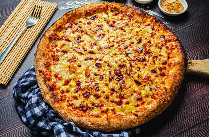 Pizza fresh from the wood-fired oven