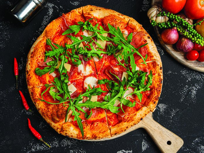 Tartuffo pizza with rocket and shrimp