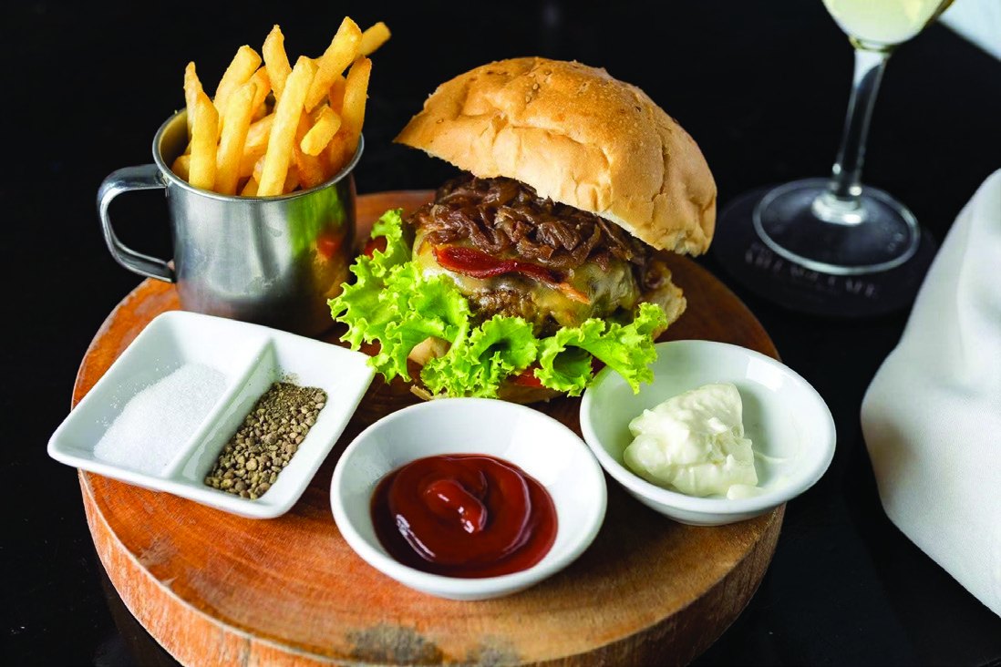 Burger with french fries and sauces